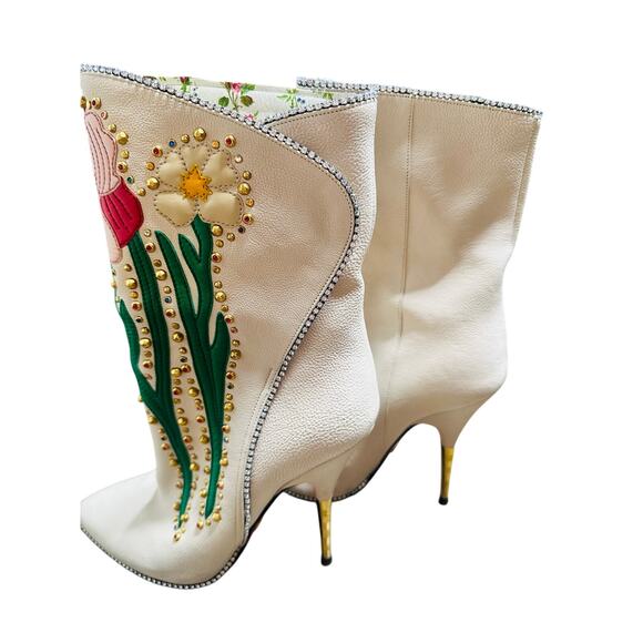 GUCCI Ivory Leather Floral ‘Fosca’ 2017 Pink Bottom Runway Booties Size 37 - Picture 7 of 16
